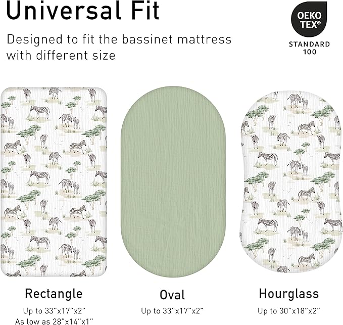 Muslin Bassinet Fitted Sheets, 2 Pack for Baby Boy and Girl, Soft Breathable Baby Pad/Mattress Sheet, Fit for Hourglass Oval and Rectangle Bassinet Mattress (Cute Zebra)