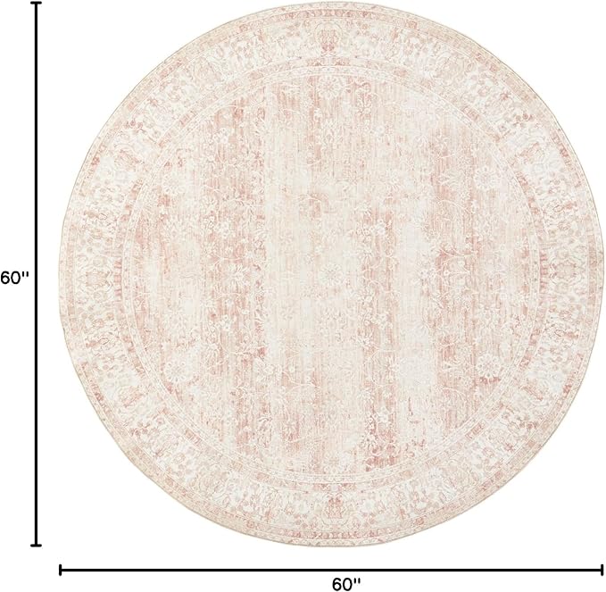5ft Round Rug Washable Area Rug Vintage Indoor Floor Cover Floral Print Blush Pink Circle Carpet 5' Round Kitchen Living Room Bedroom Dining Room