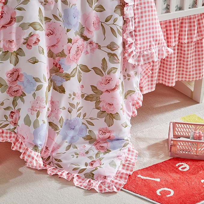 3 Pieces Flowers Crib Bedding Set Baby Ruffled Quilted Comforter with Fitted Sheet and Bed Skirt - Cute Ruffled Shabby Chic Baby Bedding Soft Blanket Floral Design