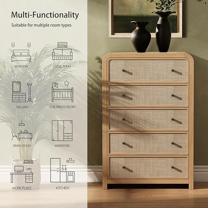 Oak&Sparrow 5 Drawer Tall Dresser for Bedroom, 47'' Rattan Dresser with Ample Storage, Boho Chest of Drawers, Thickened Curved Profile Design, Oak Dressers for Bedroom, Living Room