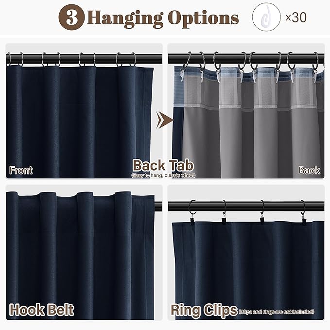 Guken Navy Blue Linen 100% Room Darkening Curtains for Bedroom 108 Inches Long Textured Back Tab Hook Belt Blackout Thermal Insulated Soundproof Living Room Dark Blue 2 Panel Sets 52x108
