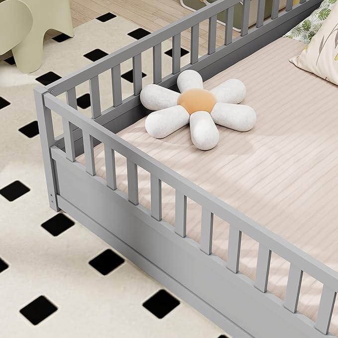 GDFStudio Full Size Floor Bed Frame with Door & Guardrails, Toddler Full Bed Frame for Boys Girls, Low to Floor Wooden Bed Rails for Toddlers, Montessori Floor Bed for Baby, No Support Slat, Grey