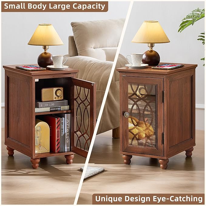 Narrow Side Table with Glass Door, 18 x 14'' Night Stand with Adjustable Shelf Storage Cabinet Organizer, Bedside End Tables Wood Nightstand for Small Spaces Living Room Bedroom