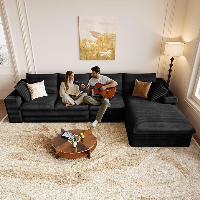 Cloud Sectional Couch,136 Inch Modular Sectional Sofa with Deep Seat, Modern Corduroy Boneless Couches with L-Shape Chaise for Living Room Bedroom, No Assembly Required (Black, Right Facing Chaise)