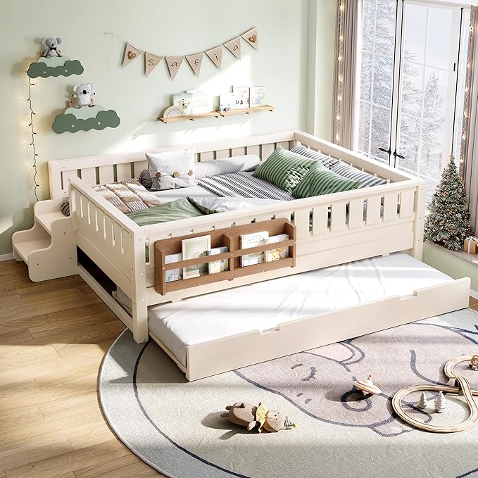 Bellemave Full Bed with Trundle and Stairs, Full Size Platform Bed Frame with Fence and Bookshelf, Easy Assemble Beds for Kids, Girls, Boys, Beige