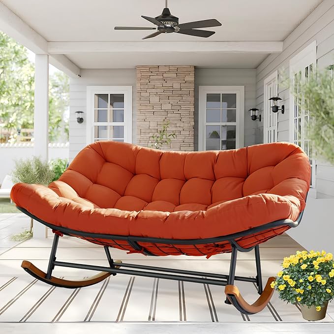 Double Papasan Rocking Chair Outdoor & Indoor, Oversized Rocking Reclining Loveseat with Thick Cushion and Frame, 660LBS Capacity Rocking Egg Chair for Patio Porch Living Room, Red