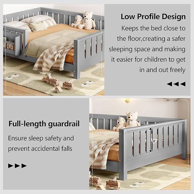 Bellemave Full Size Floor Bed with Slats and Safety Guardrail, Full Size Montessori Floor Bed with Fence and Built-in Bookshelf, Easy Assemble Montessori Beds for Kids, Girls, Boys, Gray