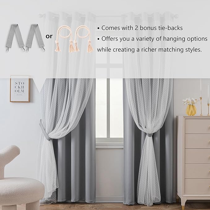MYSKY HOME 70% Blackout Curtains for Girls Bedroom & Nursery Kids Grey Cute Curtains Double Layer with Polka Dots Sheer, Grommet Tops, 52x84 Inch Each Panel, 2 Panels