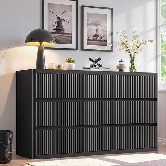 Black 9 Drawers Dresser, 57" Wide Fluted Dresser for Bedroom, Modern Chest of Drawers with Curved Profile, Handleless, Wooden TV Stand with Organizer Storage for Living Room, Entryway