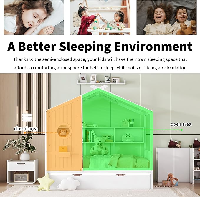 Linique Wooden Full Size House Bed with Trundle and Storage Shelf,Modern Design Full Platform Bed Frame with Pitched Roof,White