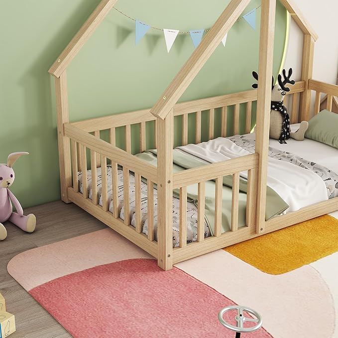 Bellemave Twin Floor Bed for Kids, Girls, Boys, Wood House Bed Frame, House Floor Bed, Twin Size Montessori Floor Bed with Fence, Playhouse, Natural