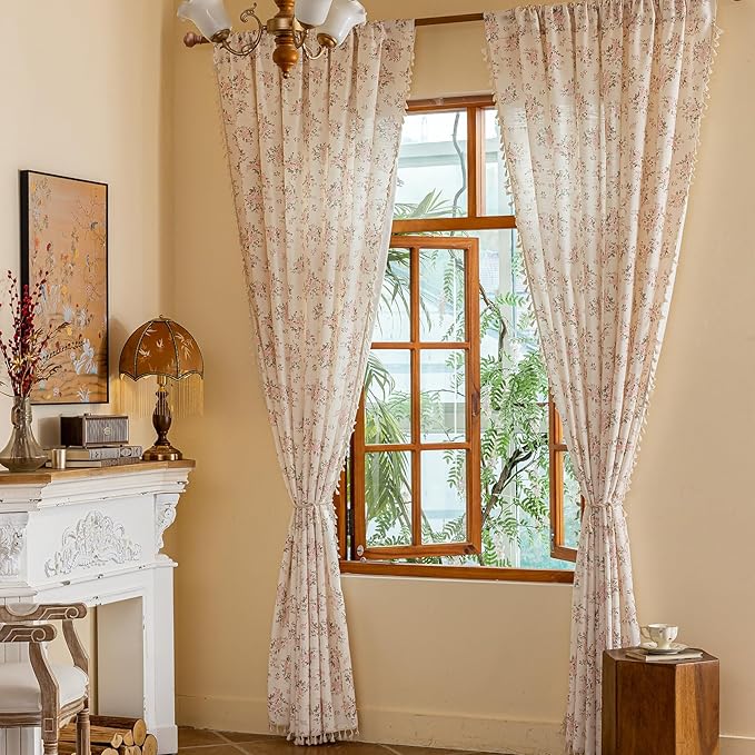 OYX Pink Boho Floral Curtains 84 Inch Long 2panels, French Vintage Farmhouse Patterned Decor Window Drapes with Tassels, Girls Semi-Sheer Light Filtering for Bedroom Living Room (Rod Pocket, 52wx84l)