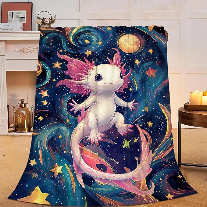 Axolotl Blanket Outer Space Salamander Gifts Throw Blanket Super Soft Flannel Lightweight Fluffy Plush Cozy Fuzzy Fleece Axolotls Decor Blanket for Girl Woman Boys Kids Adults for Bed Sofa 40"X50"