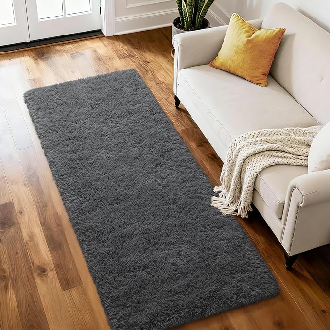 Merelax Soft Runner Rugs for Bedroom Living Room, 2x6 Feet Non Slip Plush Fluffy Long Rug for Hallway, Shag Furry Washable Area Rug for Bedside Nursery Kids Room Home Decor Carpet, Dark Grey
