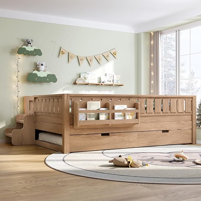 Bellemave Full Bed with Trundle and Stairs, Full Size Platform Bed Frame with Fence and Bookshelf, Easy Assemble Beds for Kids, Girls, Boys, Natural