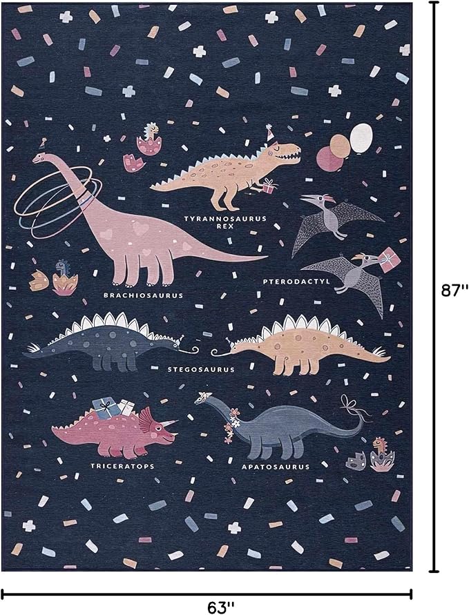 Hauteloom Milne Kids Room, Nursery Machine Washable Area Rug - Dinosaur - Navy, Blue Multi - 5'3" x 7'3"