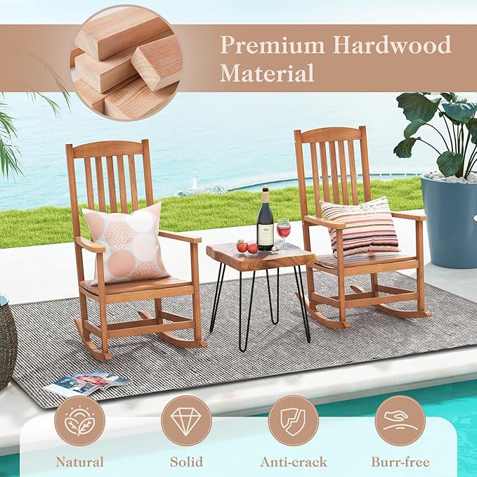Giantex Outdoor Rocking Chair, High Back Patio Rocker w/Armrests, Hardwood Lounge Rocking Chair with Smooth Rocking Base & Slatted Design, Wood Porch Rocker for Backyard, Poolside (2, Natural)