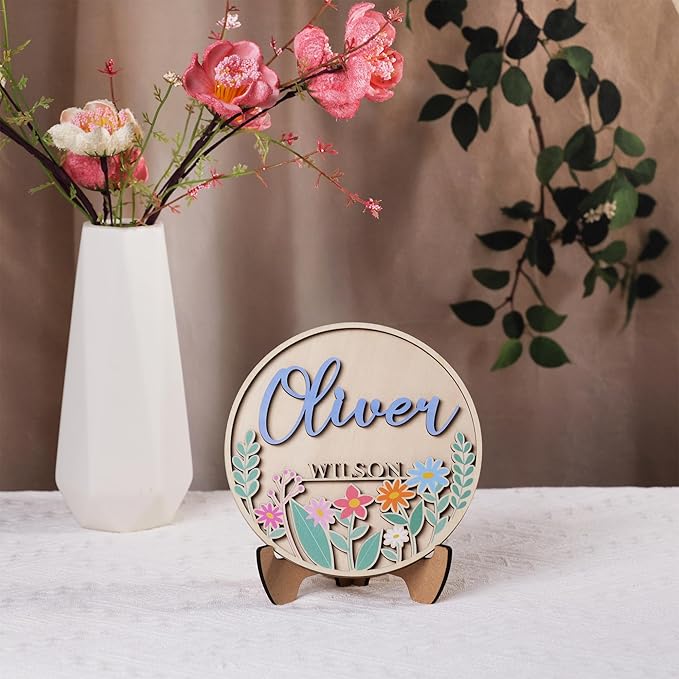Personalized Birth Announcement Sign for Hospital, UV Printed Wooden Floral Baby Name Sign, Newborn Announcement Sign Disc (Design 02)