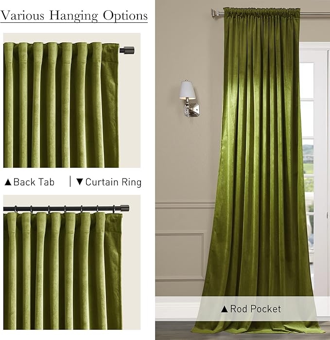 StangH Shinny Olive Green Velvet Curtain 96 inches Long - Thick Soft Drapes Thermal Insulated Luxury Curtains for Living Room/Home Office Theater, W52 x L96, 2 Panels