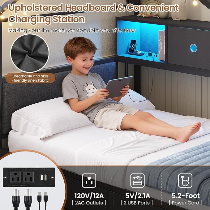DICTAC Twin Corner Bed Frame with Storage Bookcase,Charging Station and Upholstered Headboard House Shaped Twin Size Bed Frame with 2 Storage Drawers,RGB LED and Globe Lights,Kid twin House Beds,Black