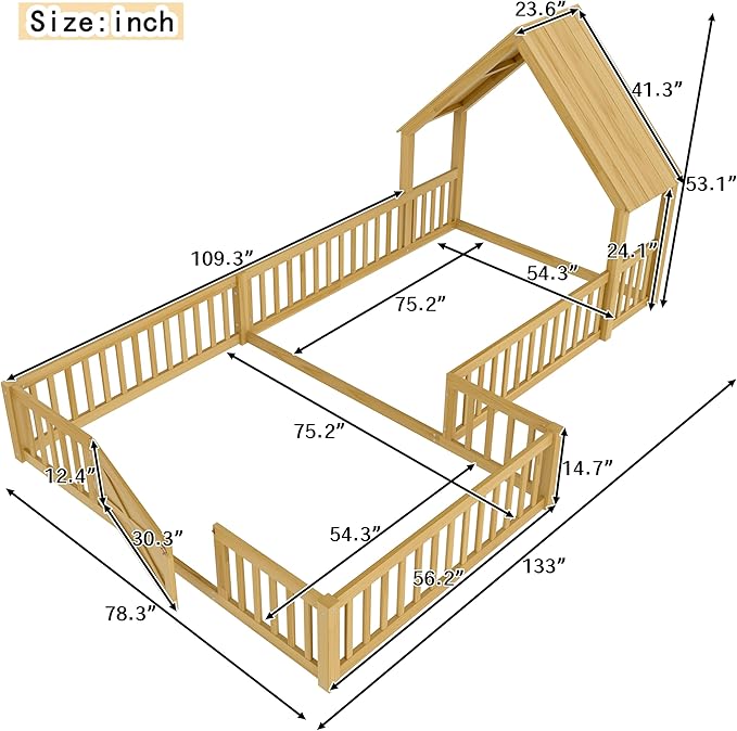 Harper & Bright Designs Full Size House Shaped Double Floor Bed with Door and Full-Length Guardrails, Solid Wood Kids Montessori Floor Bed for Girls Boys, Multi-Function, Natural