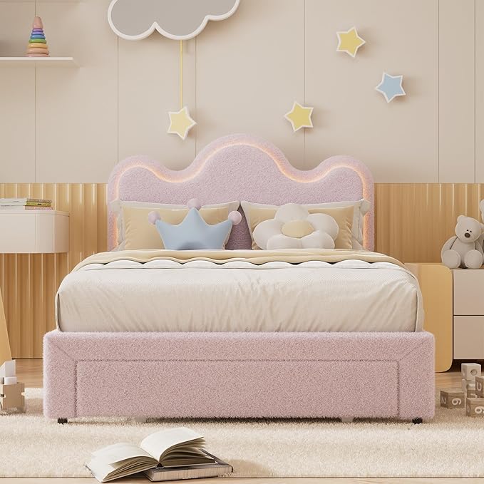 FULL Upholstered LED Bed Frame with Storage Drawers Girls Bed with flower Headboard Boucle Princess Platform Bed Frame for Kids/Girls Strong Wood Slat Support,No Box Spring Needed,Easy Assembly