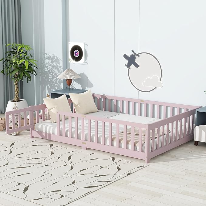 Full Size Floor Bed for Kids, Wood Montessori Floor Beds with Fence Railings, Door & Slats Support, Full Playhouse Bed Frame for Boys Girls, No Box Spring Needed, Pink