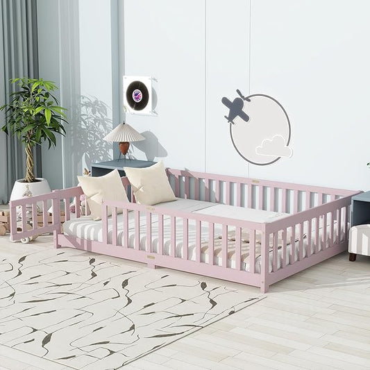 Full Size Floor Bed for Kids, Wood Montessori Floor Beds with Fence Railings, Door & Slats Support, Full Playhouse Bed Frame for Boys Girls, No Box Spring Needed, Pink