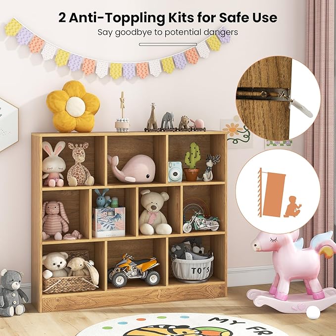 Costzon 10-Cube Bookshelf for Kids, Wooden Toy Storage Organizer w/ 2 Anti-Toppling Kits, 3 Tier Open Shelves & Non-Slip Foot Pads, Montessori Toy Shelf for Kids Rooms, Playroom, Classroom, Nursery