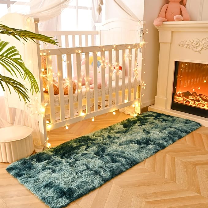 DweIke Fluffy Peacock Blue Runner Rugs for Bedroom, 2x6 Feet Soft Plush Long Runners for Girls Boys Kids, Non-Slip and Machine Washable Bedside Rug, Small Throw Carpet for Hallway Rooms Decor