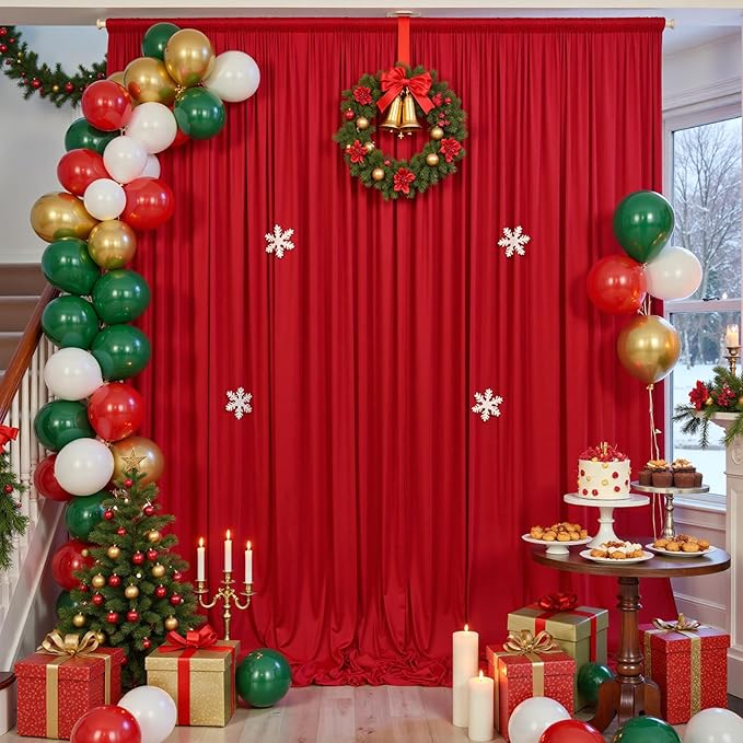 10×12ft Wrinkle Free Red Backdrop Curtain for Wedding Parties,2 Panels 5×12ft Long Soft Silky Polyester Backdrop Drapes Red Photo Back Drop Curtains for Photography Stage Christmas Background Cloth