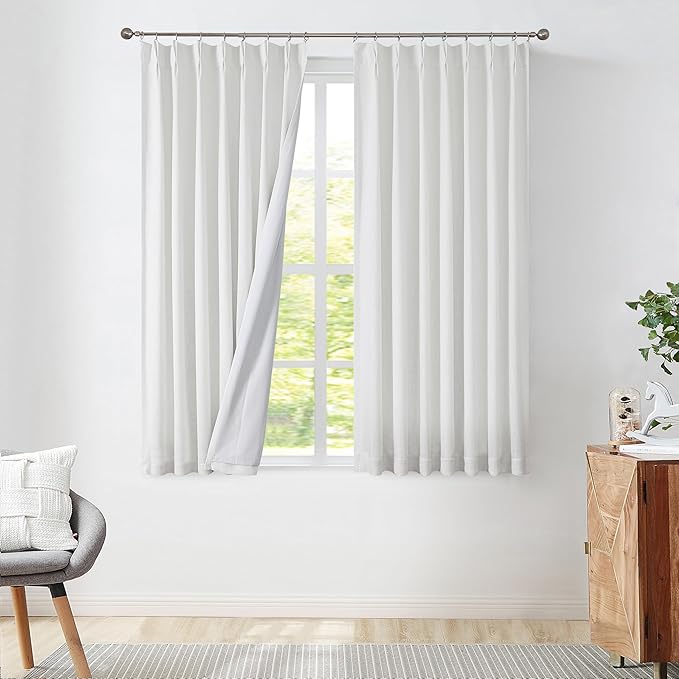 White Pinch Pleated Blackout Curtain Panels Linen Texture Thermal Insulated Energy Efficient Window Treatment Drapes with Full Blackout Liner for Living Room Bedroom with Hooks, 40"x63"x2