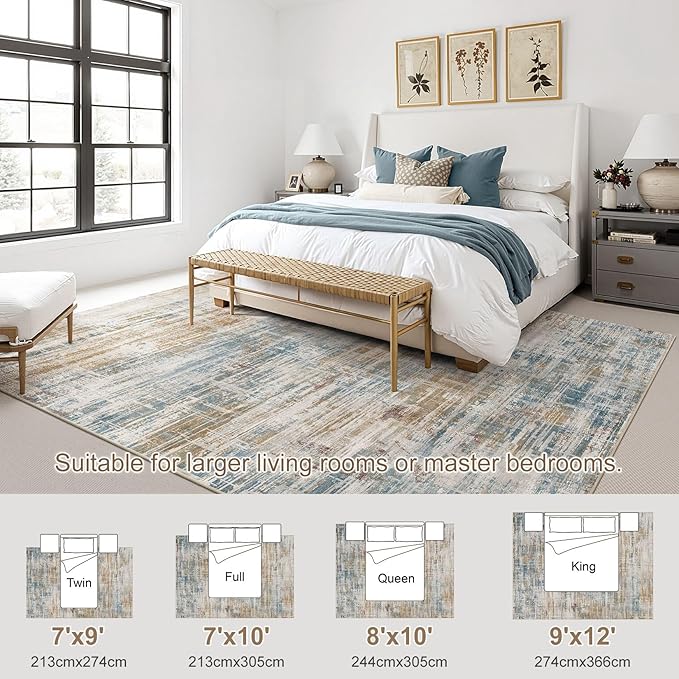 Area Rug for Living Room: 8x10 Washable Neutral Abstract Modern Soft Rugs Non Slip Indoor Floor Stain Resistant Large Carpet for Bedroom Dining Room Office Nursery - Blue Brown