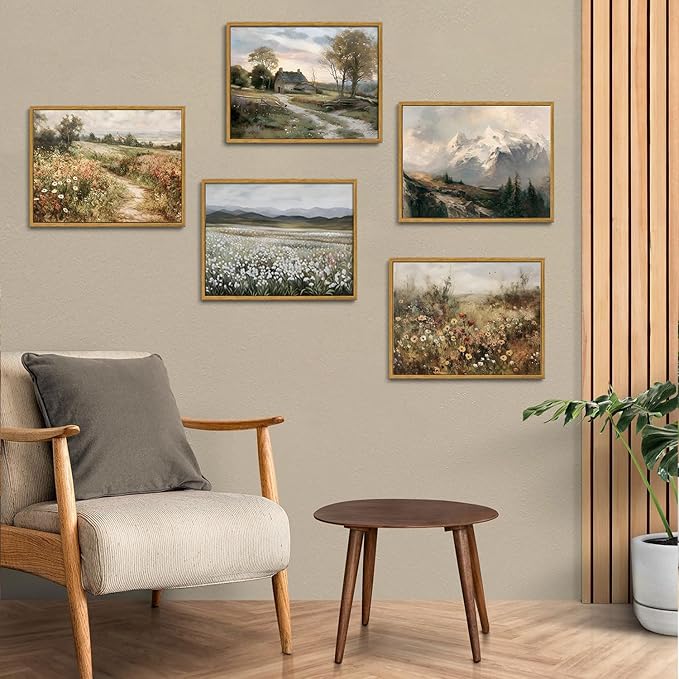 OIQArtOIQ Framed Vintage Landscape Wall Art Cottage Natural Scenery Oil Painting Canvas Prints Country Farmhouse Decor Aesthetic Pictures for Kitchen Bedroom Living Room Bathroom