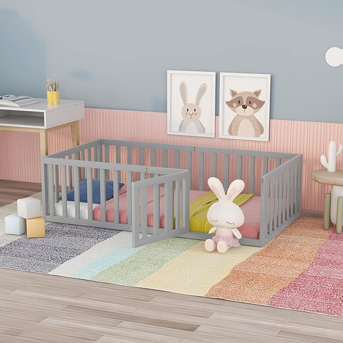 Merax Twin Floor Bed with Safety Guardrails and Door, Wood Montessori Floor Bed Frame for Kids, Twin Playhouse Bed Frame for Baby Girls and Boys, Grey