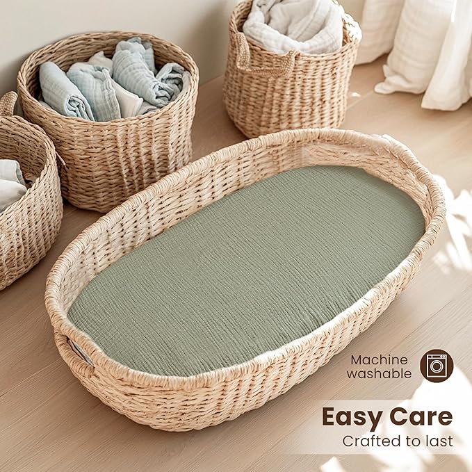 Konssy 2 Pack Muslin Bassinet Sheets for Baby Boy, 100% Cotton Soft Breathable Bassinet Mattress Sheets Fit for Hourglass Oval Cradle Rectangle Mattress (Fog Green,Cream)