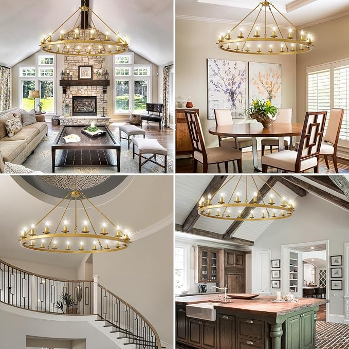 Wagon Wheel Chandelier, 20-Light Gold Round Modern Farmhouse Chandelier with Adjustable Height Hanging Island Light Fixture for High Ceiling Dining Room, Kitchen, Living Room, Entryways, Foyer