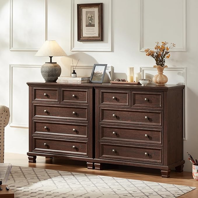 Farmhouse 5 Drawer Dresser Set of 2, 32.6 Inch Tall Vintage Chest of Drawers for Bedroom, Rustic Small Dressers w/Square Solid Wood Legs, Mid Century Storage Organizer for Hallway, Walnut