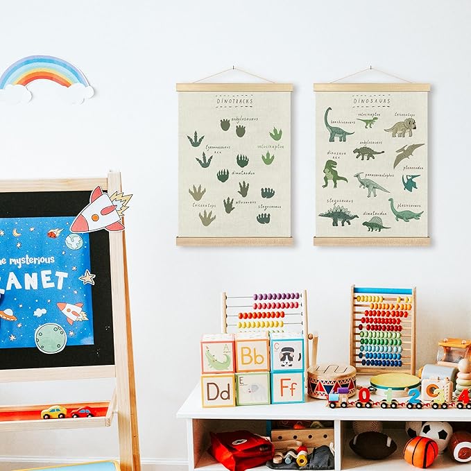 BCUANGD Dinosaur Dino Wall Decor Set of 2 - Baby Toddler Boys Room Wall Art Poster Hanger with Wood Frames, Inspirational Wall Hanging Canvas Decor for Kids Room Playroom Nursery Bedroom, 12x16 Inches