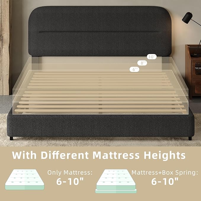 HOMBCK Full Size Boucle Bed Frame, Upholstered Bed Frame Full with Headboard, Soft BedFrame with Thickened Footboard, Soft Rounded Corners, No Box Spring Required, Easy Assembly, Black