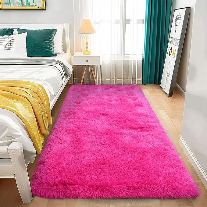 Fluffy Rug Runners 2x6, Super Soft Hot Pink Bedside Rug, Runner Rug for Bedroom Girls, Non-Slip Rug Hallway Decor