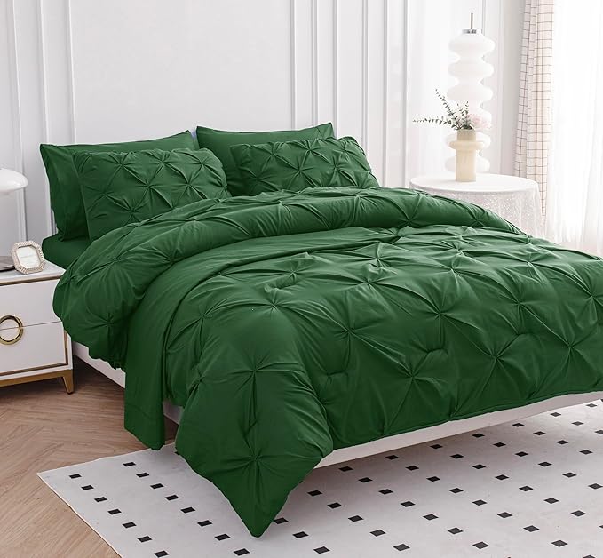 LANE LINEN Twin XL Comforter Set – 5 Piece Bed in a Bag – Pinch Pleated Twin XL Size Bedding Set with Comforter, Flat Sheet, Fitted Sheet, Pillowcase & Sham – Soft Pintuck Bed Set - Olive Green