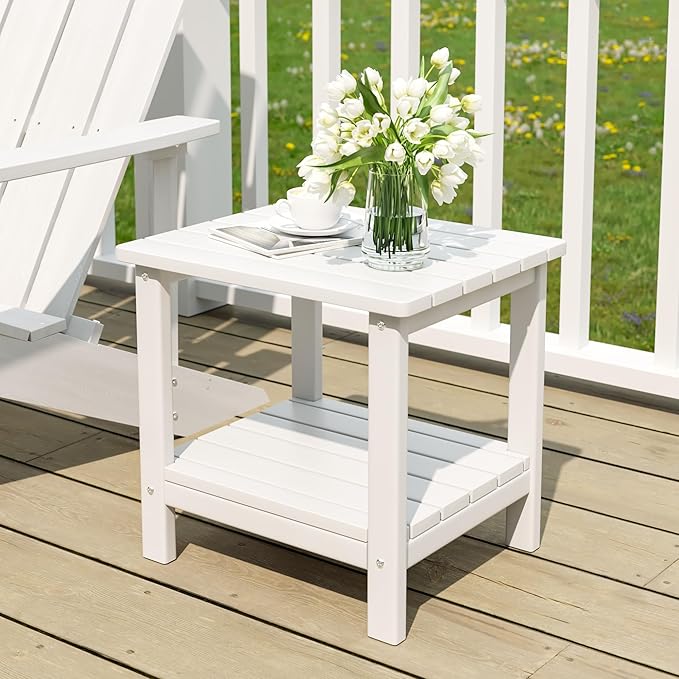 UDPATIO 2-Tier Side Table, 19x16x17.8 in, White, Adirondack End Table, Indoor & Outdoor Use
