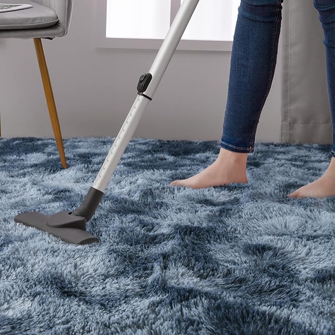 DweIke Fluffy Blue Grey Rugs for Bedroom Living Room, 5x8 Feet Soft Plush Shaggy Tie-Dyed Navy Blue Gray Girls Boys Kids Rug, Upgraded Non-Slip and Machine Washable Carpet for Dorm Nursery Decor