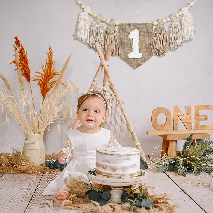 Handmade Boho Burlap Khaki 1st Birthday Decorations For Boys One High Chair Banner Boy First Highchair Banner Wild One Birthday Decorations Wall Hangings Photoshoot Props Photo Props
