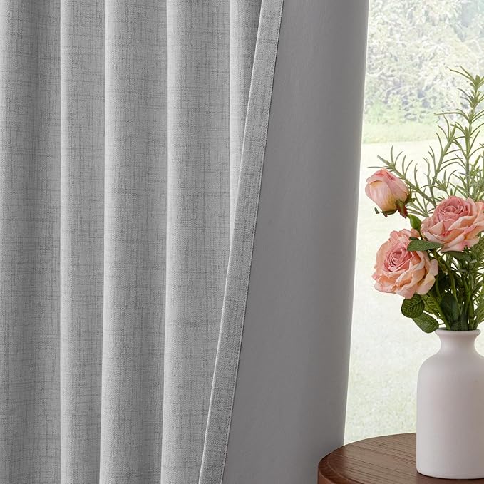 INOVADAY 100% Blackout Curtains for Bedroom, Black Out Curtains 63 Inch Long, Clip Rings Linen Blackout Drapes, Thermal Insulated Room Darkening for Living Room, 2 Panels - Grey,W50xL63