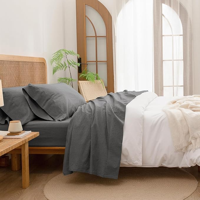 BESTOUCH Sheet Set 100% Washed Cotton Linen Feel Super Soft Comfortable Chic Lightweight 3 Pcs Home Bedding Set Solid Dark Grey Twin