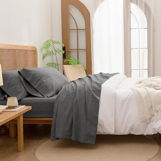 BESTOUCH Sheet Set 100% Washed Cotton Linen Feel Super Soft Comfortable Chic Lightweight 4 Pcs Home Bedding Set Solid Dark Grey King