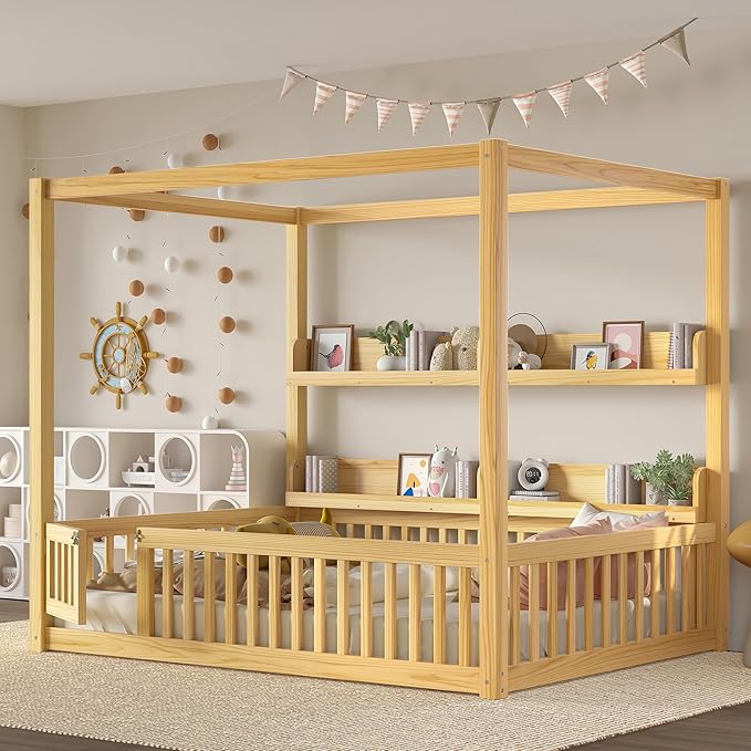 Polibi Full Size Montessori Floor Bed with Guardrails, Low Profile Solid Wood Canopy Frame with Built-in Shelves, No Box Spring Needed, for Kids & Teens, Natural