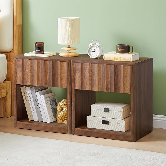 Fluted Dresser, Small Nightstands Set of 2, Natural Bedside Table with Drawer and Storage, Mid Century Modern Side Table for Bedroom Sofa